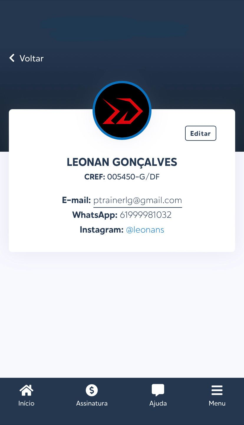 Tela de perfil do Leonan Gonçalves no app: CREF 005450-G/DF, e-mail ptrainerlg@gmail.com, WhatsApp 61 99998-1032 e Instagram @leonans
